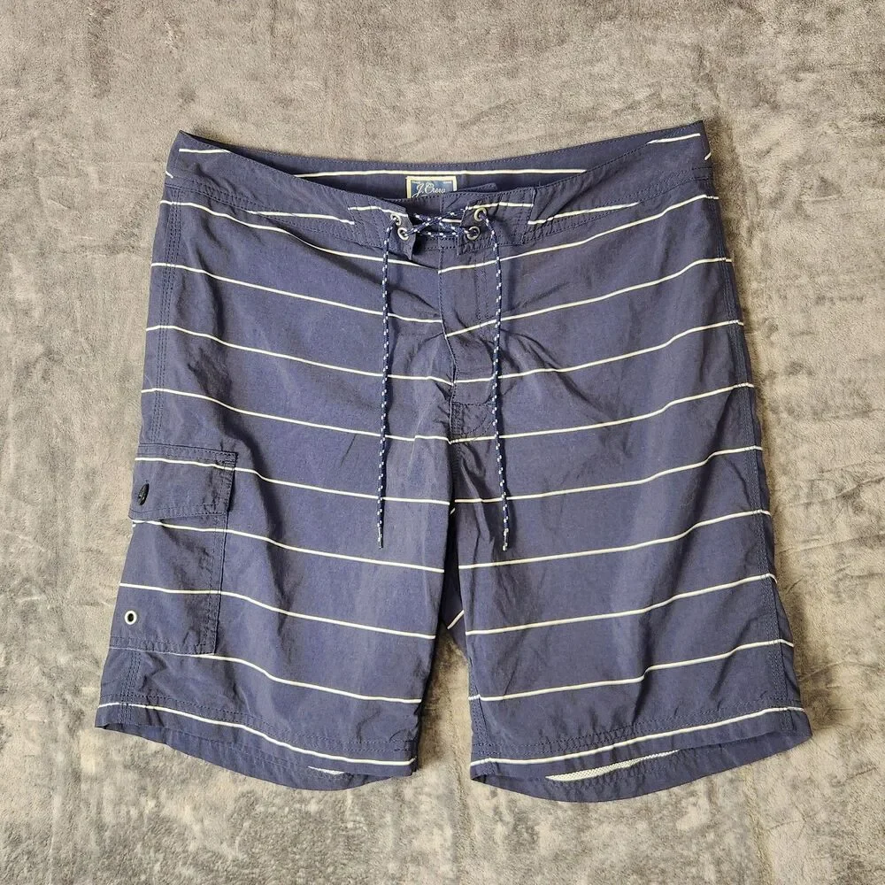 J. Crew Men Board Shorts Swim Trunks Navy Blue White Striped Cargo Pocket‎